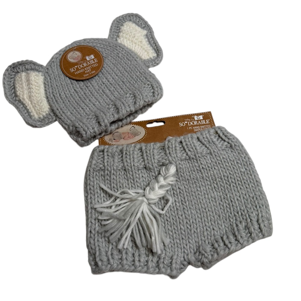 SO‎ DORABLE Grey Elephant Hand Knitted Baby Hat Diaper Cover Set 3 6 Months NWT